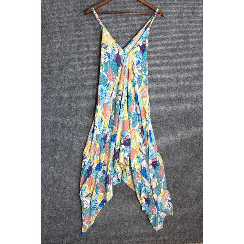 World Market Tropical Parrot Print Handkerchief Hem Jumpsuit Boho Summer M/L